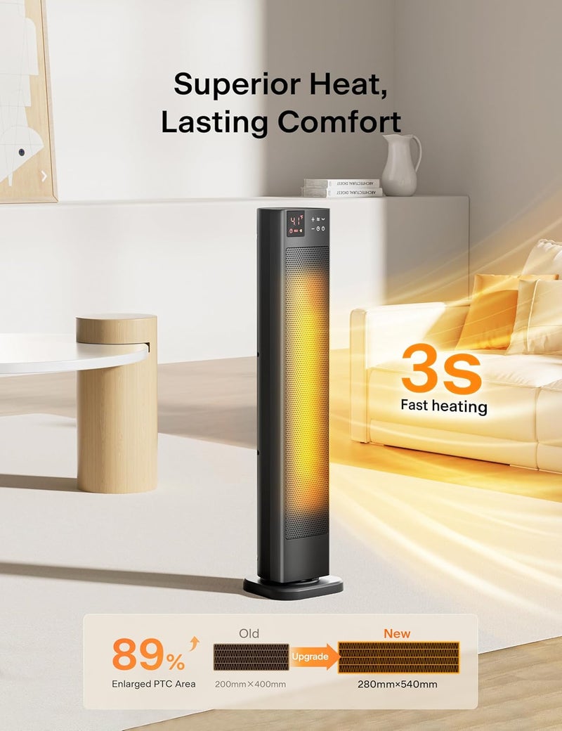 PELONIS 30” Ceramic Tower Space Heater with Adjustable Thermostat for Large Room, 75° Oscillation, Remote Control & 12H Timer, Tip-Over Switch & Overheating Protection, 1500W, PHF15RSAPH30, Black - Image 2
